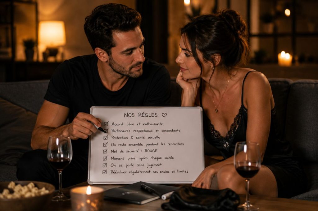 Couple libertin discutant des règles et des limites avant une première rencontre